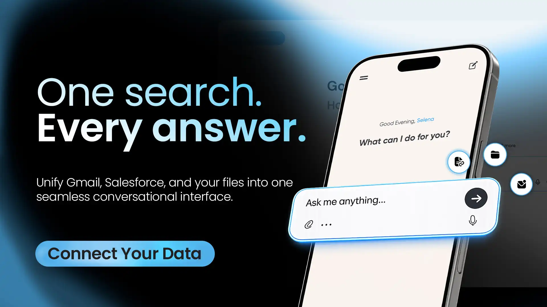 818 Digital conversational AI app on a phone, with one search bar that connects Gmail, Salesforce, and files