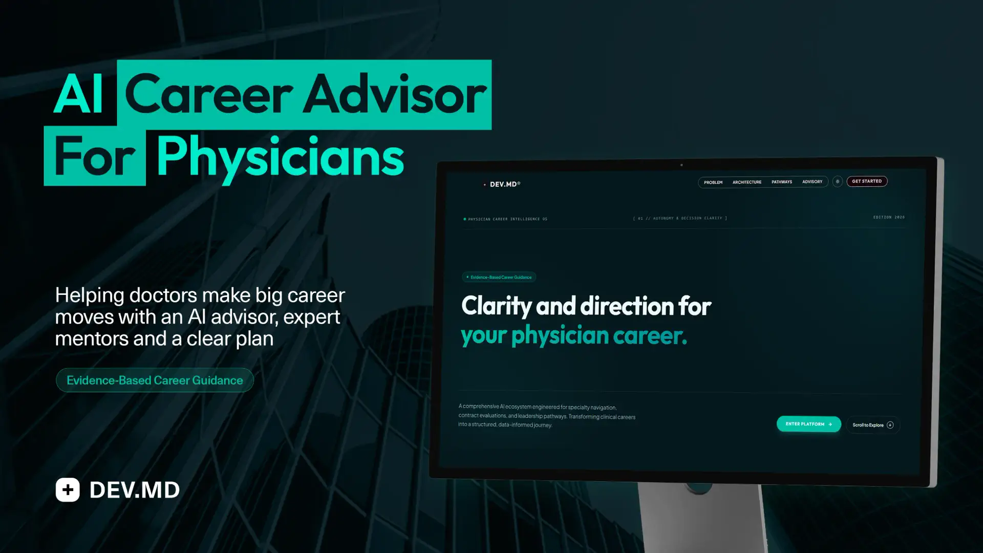 DEV.MD AI career advisor for physicians, shown on a desktop monitor with the platform home page