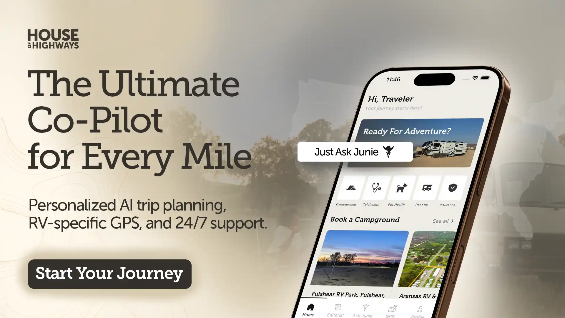House of Highways RV trip app on a phone, with campground booking, telehealth, pet health, RV rental, and insurance options