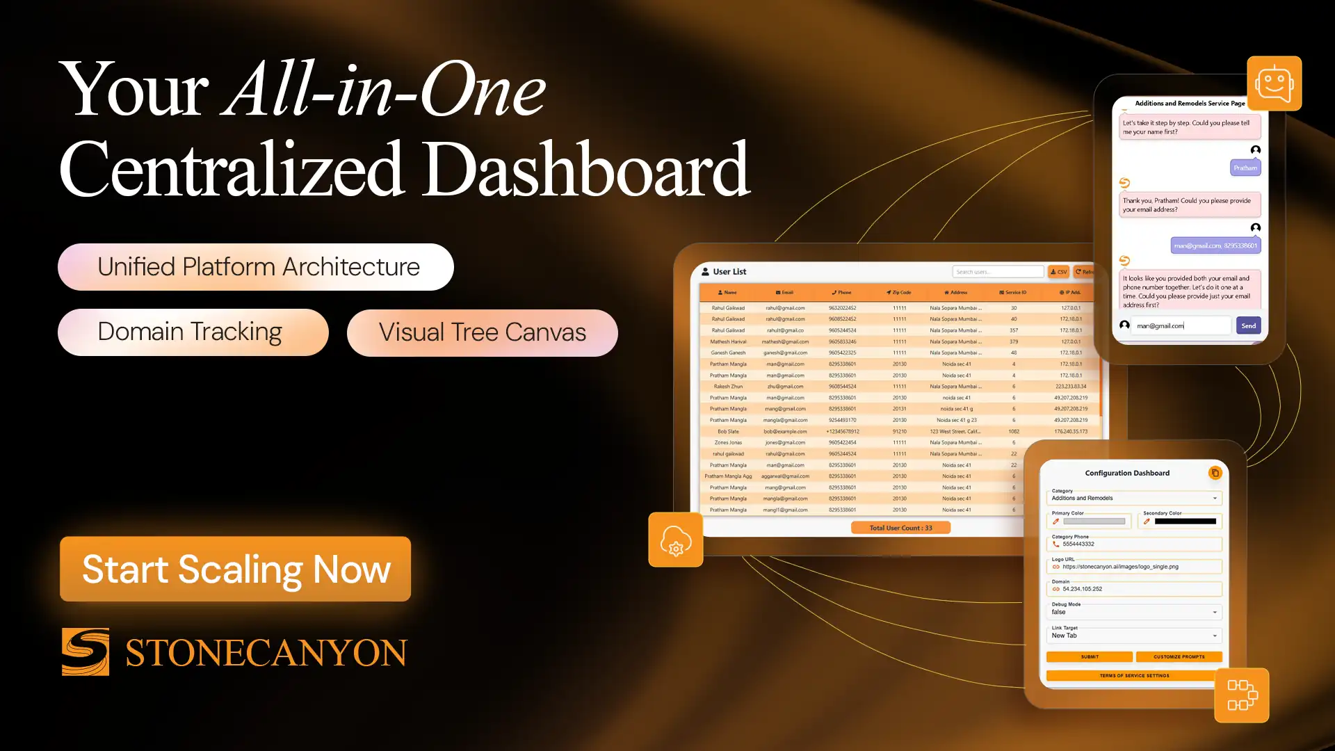 StoneCanyon centralized chatbot dashboard with a user list table, a live chatbot conversation, and a configuration panel