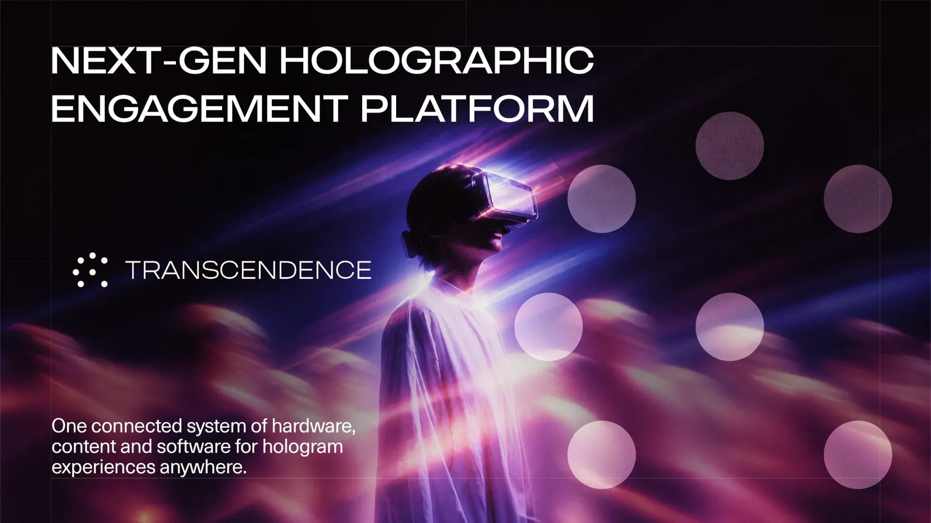 Transcendence holographic engagement platform banner with a person wearing a VR headset in purple light